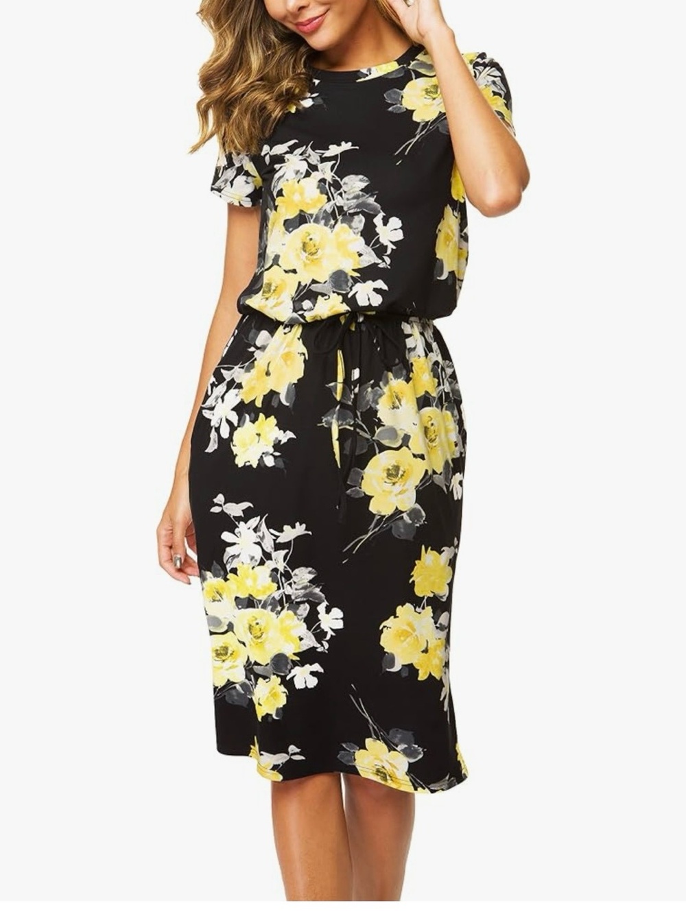 Black Midi Dress with Yellow & White Floral Print